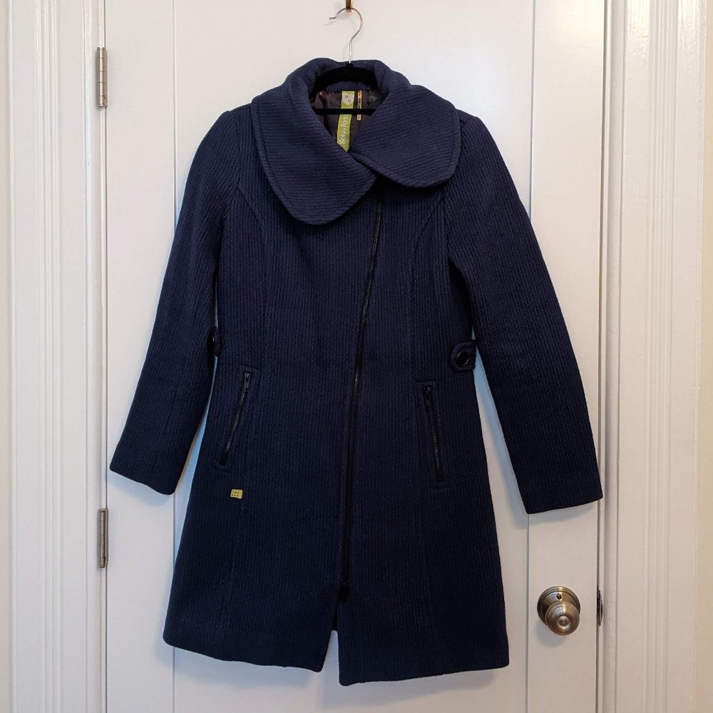 EUC Soia & Kyo Blue Wool Coat with Bird Patterned Lining Medium